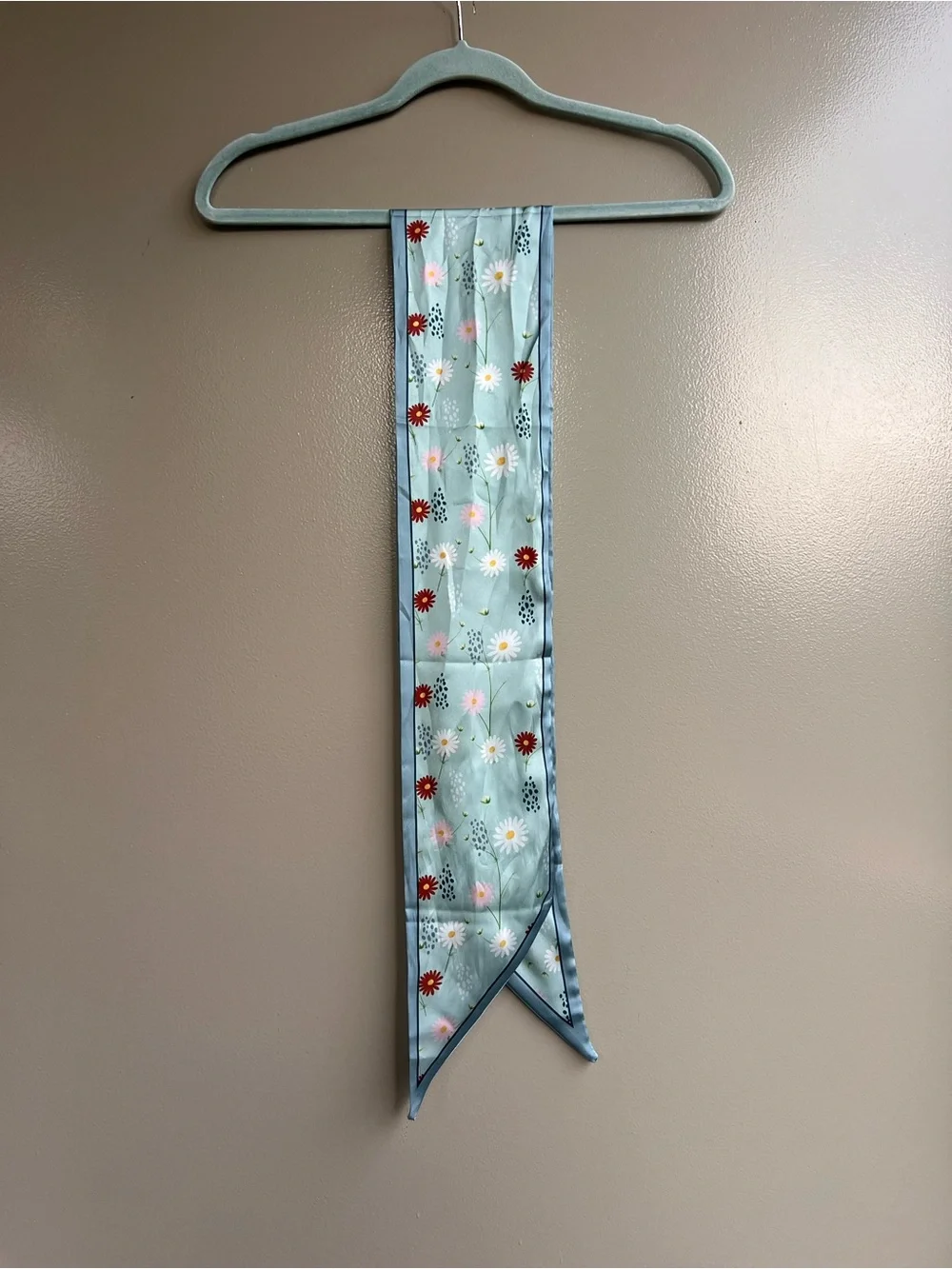 Floral Skinny Scarf Light Blue Daisy Silk Feel Twilly Hair Neck Bag Scarf Travel